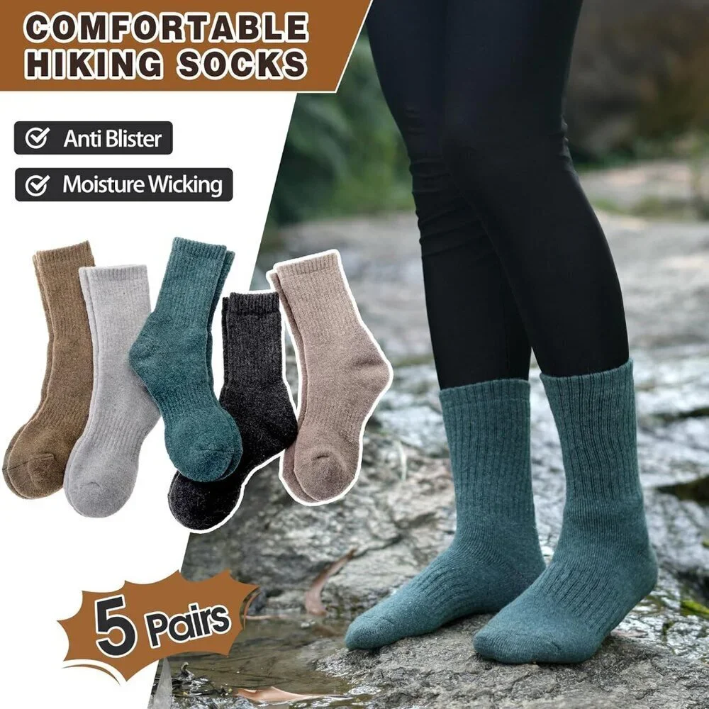 Women Merino Wool Khaki Series Sock 5 Pairs Warm Thick Crew Winter Boot Socks